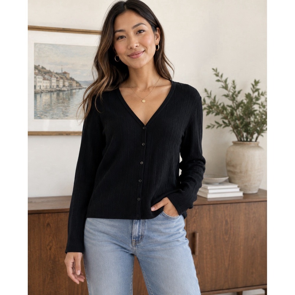 Kate Hill Silk Blend Ribbed Button Front Cardigan Sweater Womens XL Black V Neck